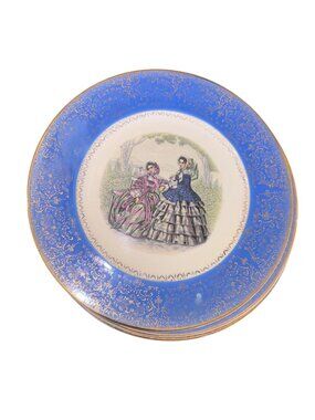 Century By Salem Blue & Gold Decorative Plate Set Victorian Ladies Design 10.5